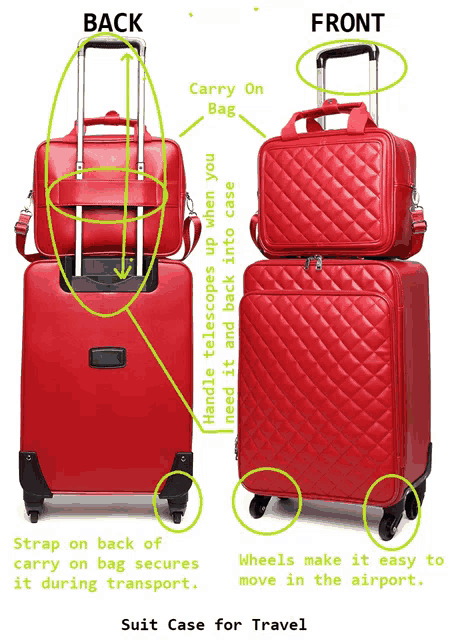 the back and front of a red suitcase with wheels