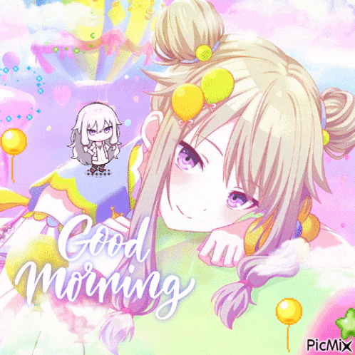 a picture of a girl with balloons in her hair and the words good morning
