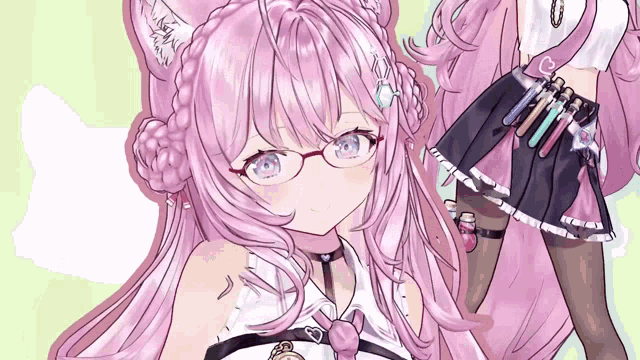 a girl with pink hair is wearing glasses and a necklace with a heart on it