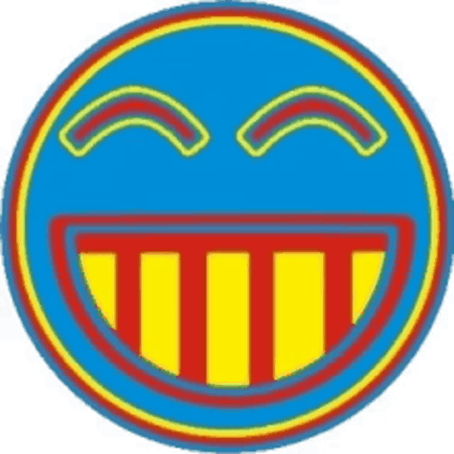 a blue circle with a yellow and red smiley face in it