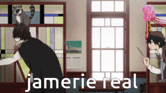 a man and a raccoon are standing next to each other in a room with the words jamerie real written on the bottom
