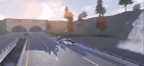 a police car is driving down a highway next to a bridge .