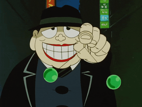 a cartoon character is pointing at something with a sign in the background that says ' a ' on it