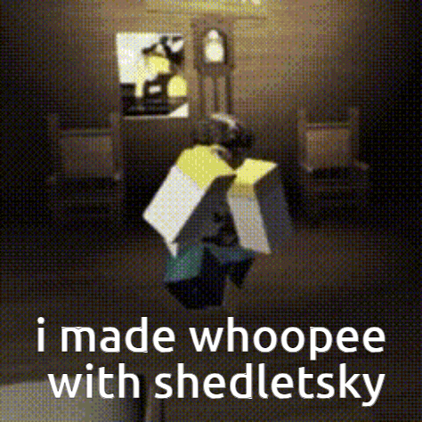 a picture of a person in a room with the words " i made whoopee with shedletsky " on the bottom
