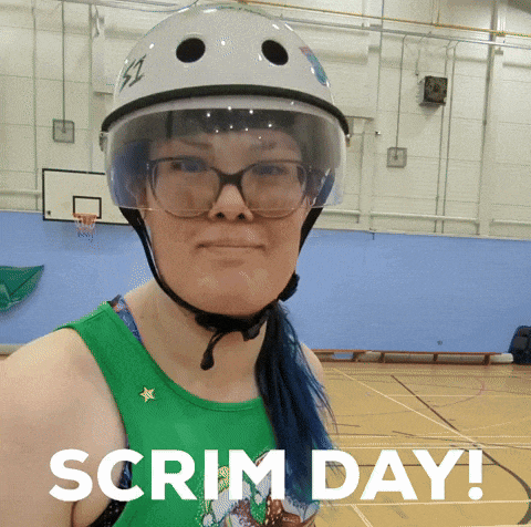 a woman wearing a helmet and glasses has the words scrim day written below her