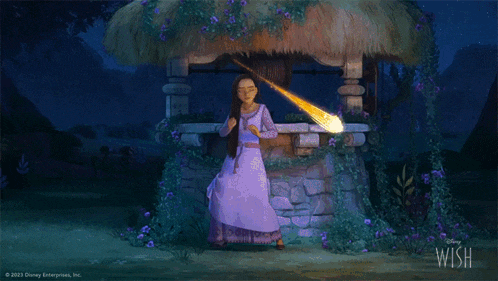 a girl in a purple dress is standing in front of a well with a disney wish logo on the bottom right