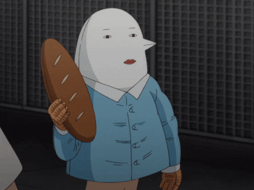 a cartoon character holding a loaf of bread with the letter p on his shirt