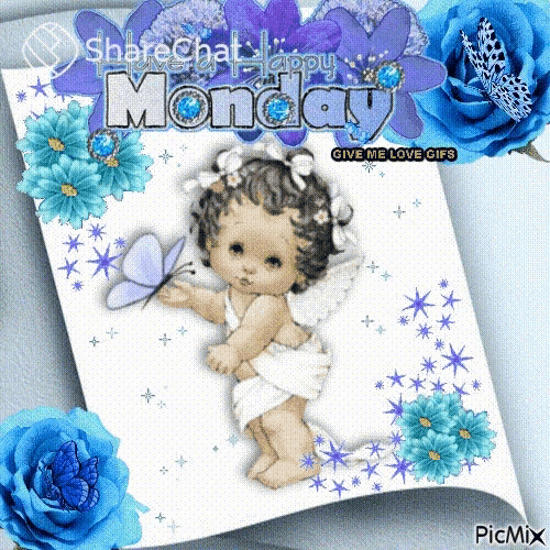 a picture of a baby angel holding a butterfly with the word monday on it