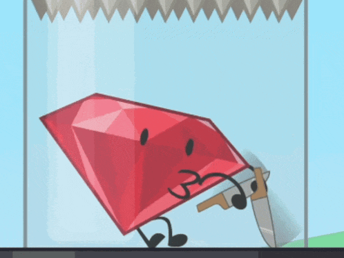 a cartoon drawing of a red diamond holding a pair of scissors and a knife