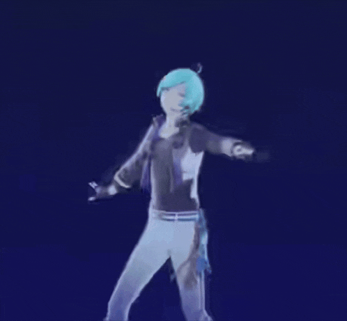 a cartoon character with blue hair is dancing on a stage