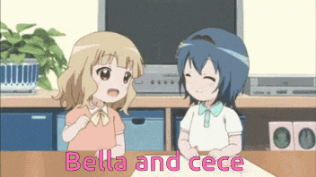 two little girls are sitting at a table and the words bella and cece are on the bottom