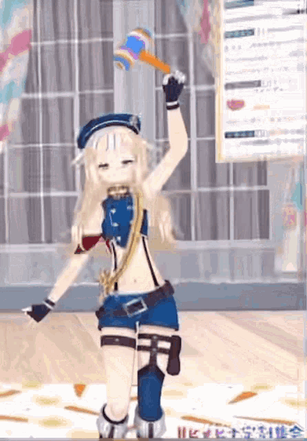 a 3d anime girl is holding a hammer in her hand while dancing .