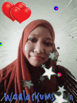 a woman in a hijab is surrounded by hearts and stars and the words waalaikums on the bottom