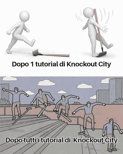 a cartoon of a man running with a rake and a cartoon of a man doing a trick on a skateboard