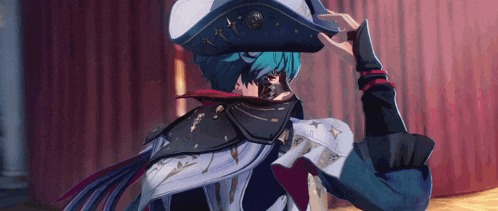 a man with blue hair is wearing a pirate hat .