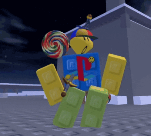 a roblox character with a lollipop and a smiley face
