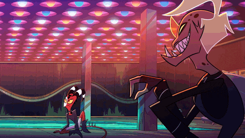 a cartoon drawing of a devil standing next to another monster