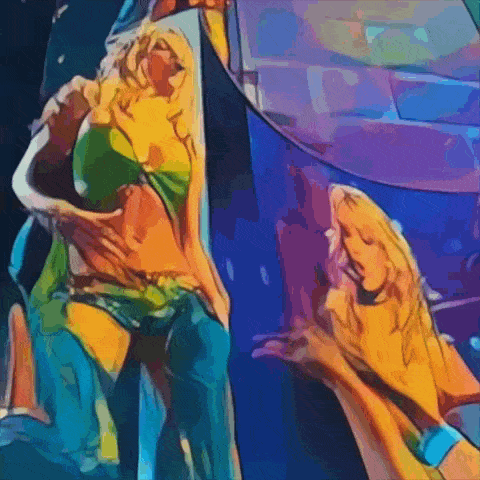 a colorful painting of a woman in a green top