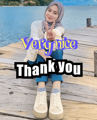 a woman sitting on a dock with the words very nice thank you