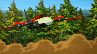 a cartoon jet is flying through a forest