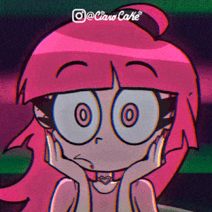a cartoon drawing of a girl with pink hair and a heart shaped choker
