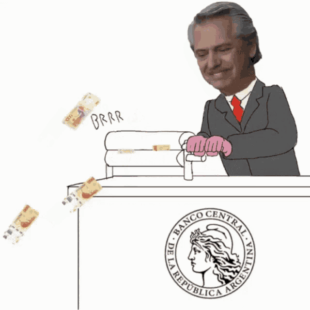 a cartoon of a man behind a counter with a banco central de la republica argentina logo