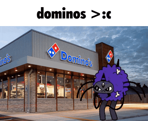 a picture of a domino 's pizza restaurant with a cartoon character standing in front of it