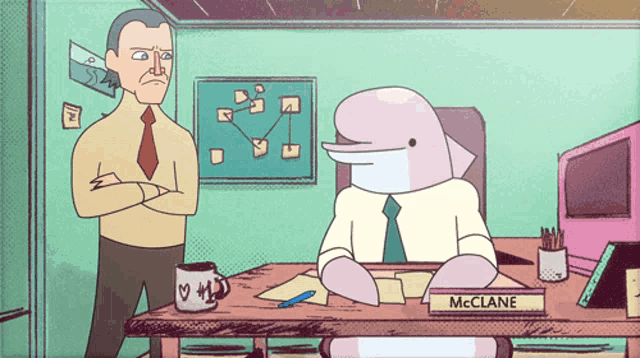 a cartoon of a man and a dolphin with the name mcclane