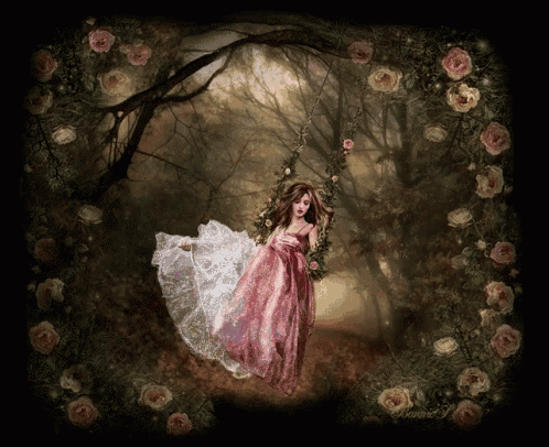 a woman in a pink dress is sitting on a swing in a dark forest