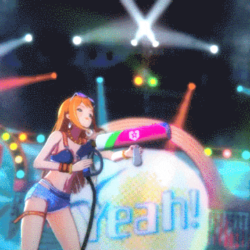 a girl holding a water gun in front of a sign that says yeah !