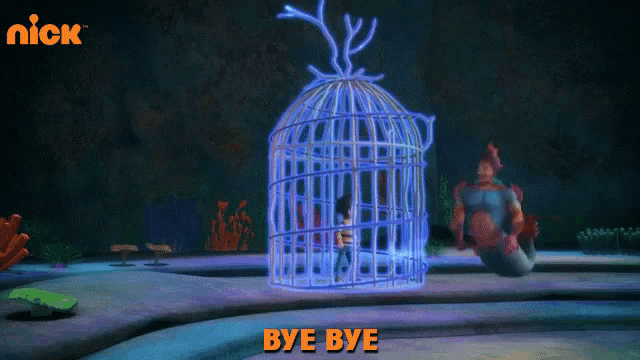 a cartoon scene with the words bye bye in orange letters