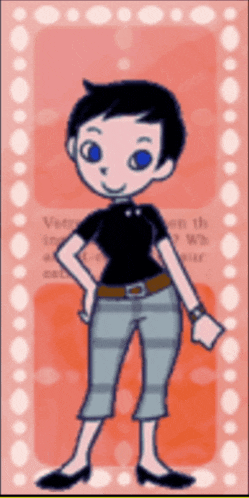 a cartoon character with short black hair is standing in front of a pink background