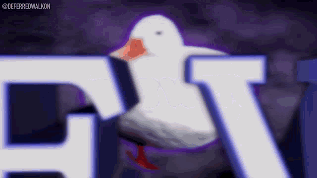 a white duck with a red beak is standing in front of a sign that says e.t.