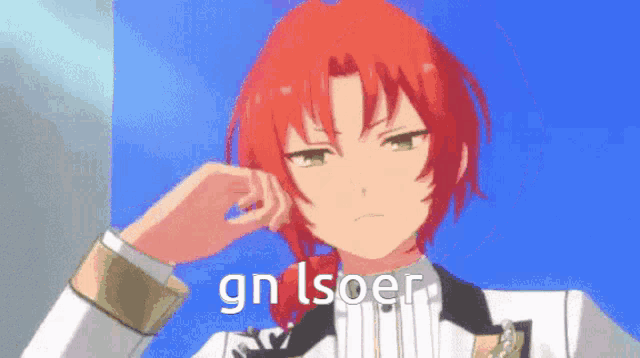 a cartoon character with red hair and the words gn isoer written on the bottom