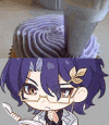 a cartoon character with purple hair and glasses is holding a spoon next to a cupcake with purple frosting .