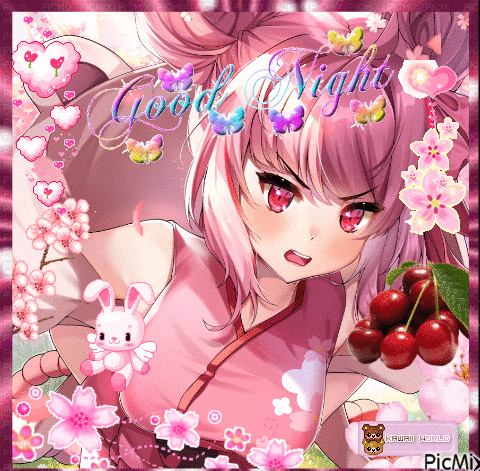 a girl with pink hair is surrounded by cherry blossoms and hearts and says good night