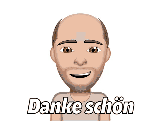 a bald man with a beard is smiling and says danke schon