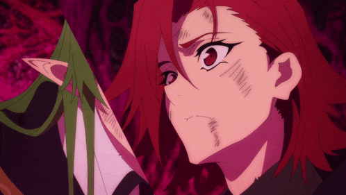 a girl with red hair and green ears is holding a sword