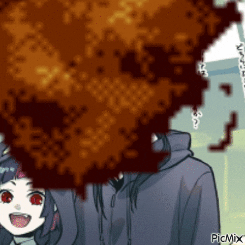 a pixel art drawing of a girl with red eyes and a man with a beard .