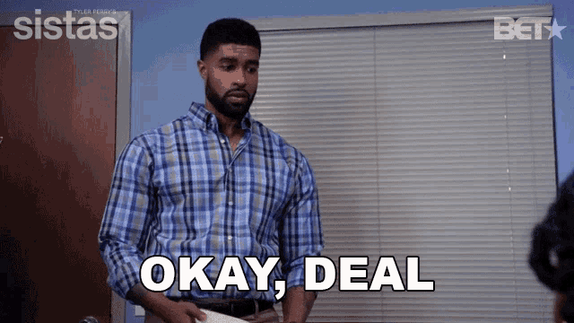 a man in a blue plaid shirt says okay deal