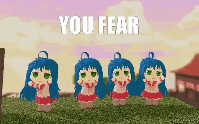 four blue haired anime girls are standing on a grassy hill with the words you fear behind them