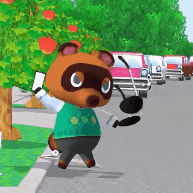 tom nook from animal crossing is walking down the street holding a frying pan