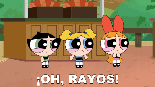 three cartoon girls are standing next to each other with the words oh rayos written below them