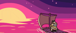 a cartoon character is floating on a raft in the water at sunset