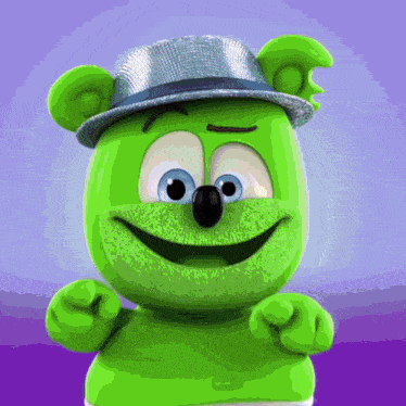 a green gummy bear wearing a silver hat and smiling