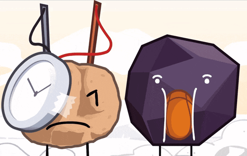 a cartoon drawing of a potato and a purple object with a sad face