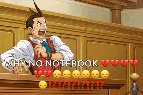 a man in a suit and tie stands in front of a podium with the words why no notebook below him
