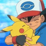 ash is holding a pikachu in his arms and kissing it .