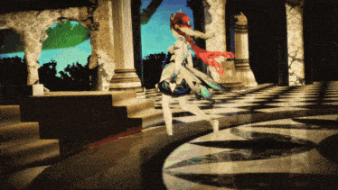 a computer generated image of a woman dancing in a room