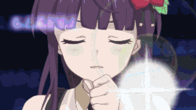 a girl with purple hair and a flower in her hair